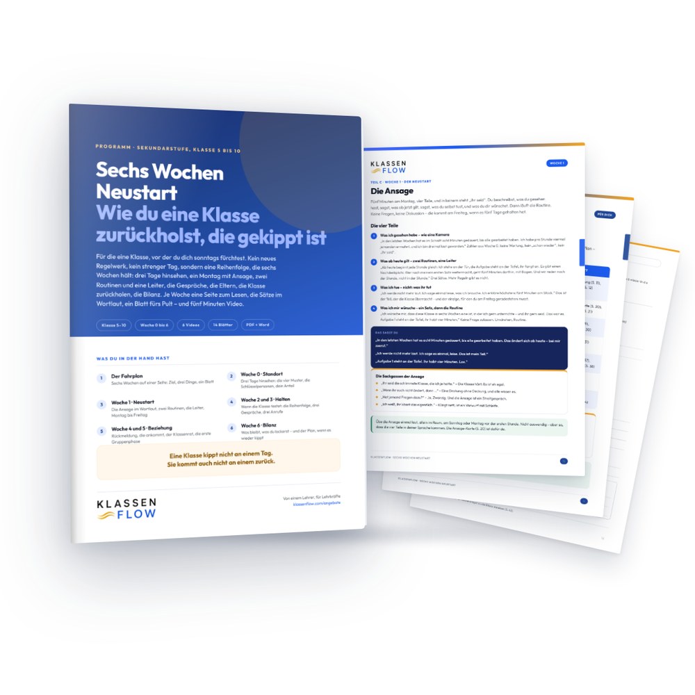 Sechs Wochen Neustart – das Programm für eine Klasse, die gekippt ist: Woche 0 hinsehen, Woche 1 Ansage und Routinen, Woche 2 und 3 halten, Woche 4 und 5 Beziehung, Woche 6 Bilanz. Klasse 5–10