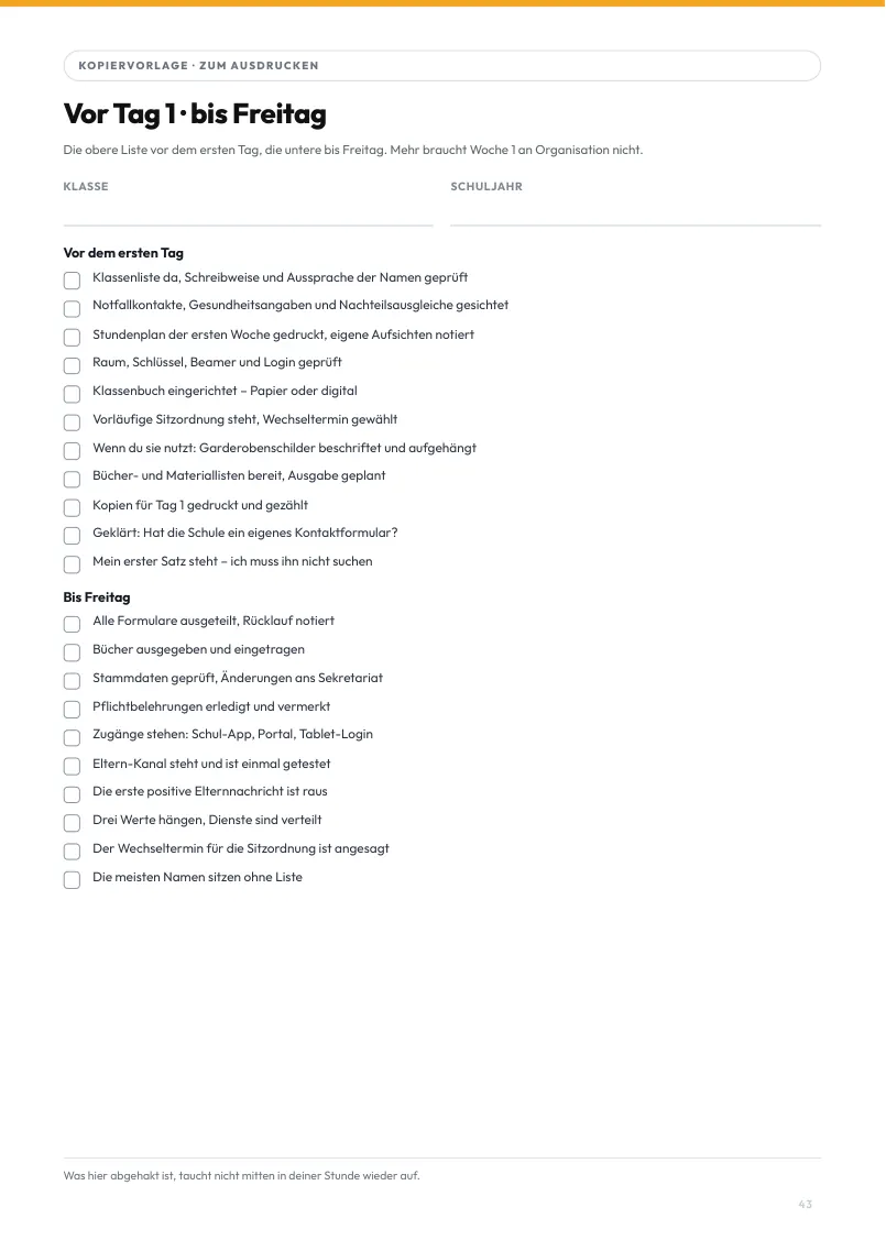 Seite aus dem Kursmaterial: Checkliste: vor Tag 1 und bis Freitag