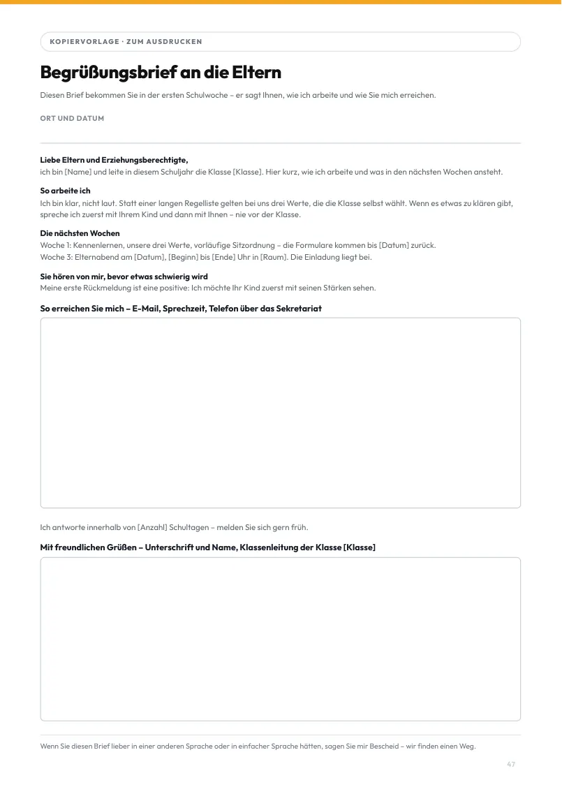 Seite aus dem Kursmaterial: Der Begrüßungsbrief an die Eltern