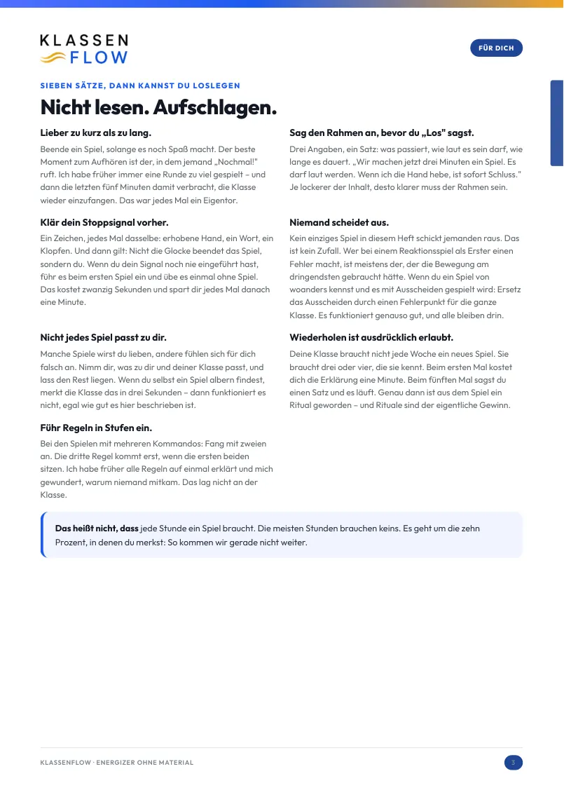 Seite 3 aus dem Heft: Nicht lesen. Aufschlagen. – wie du das Heft benutzt