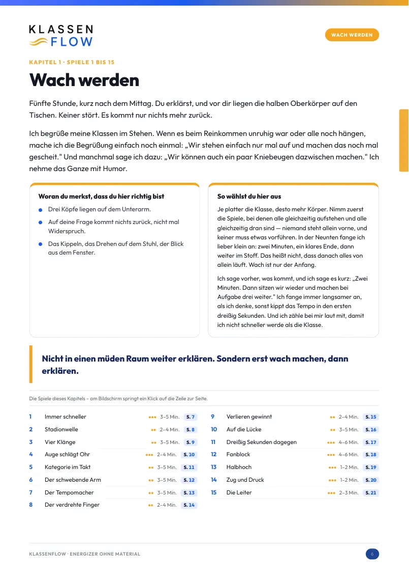 Seite 6 aus dem Heft: Kapitel 1 · Wach werden: die Klasse ist platt