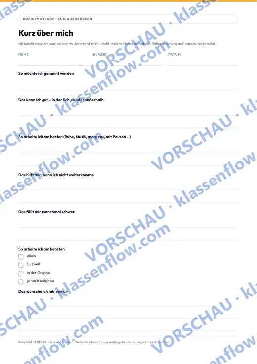 Seite 23 aus dem Heft: „Kurz über mich“ – die Karte für Tag 1