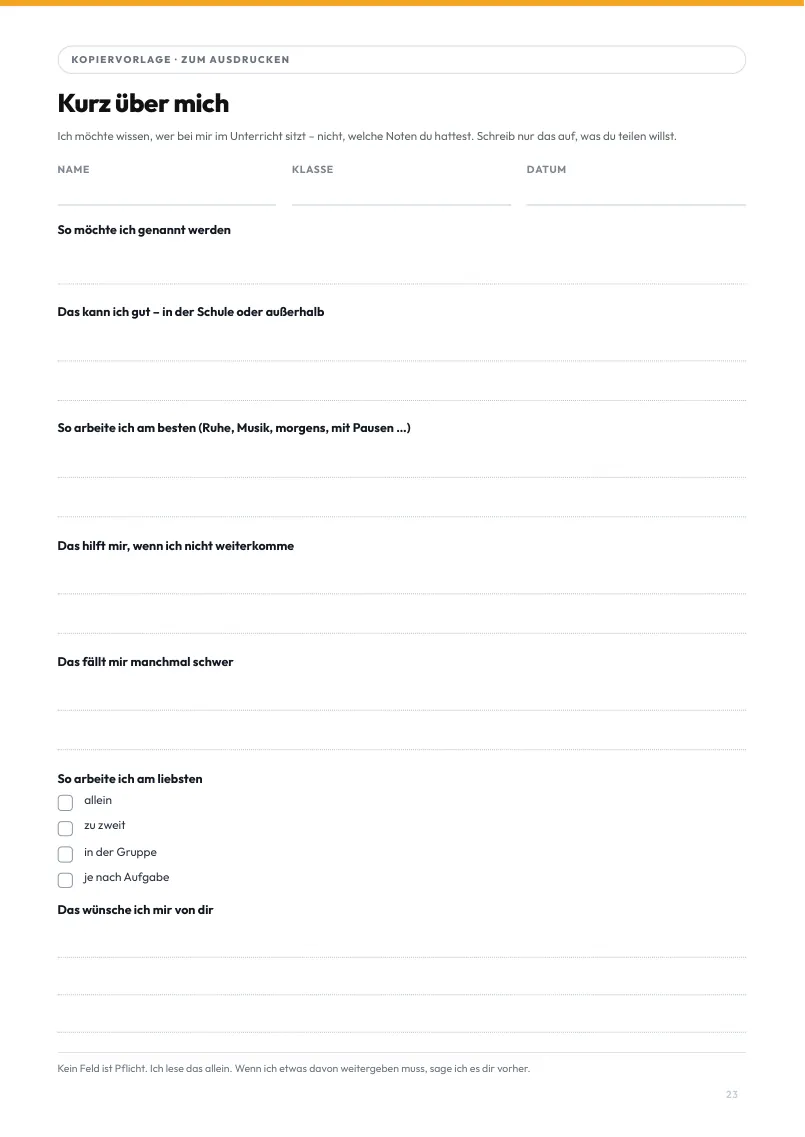 Seite 23 aus dem Materialpaket: „Kurz über mich" – die Karte für Tag 1