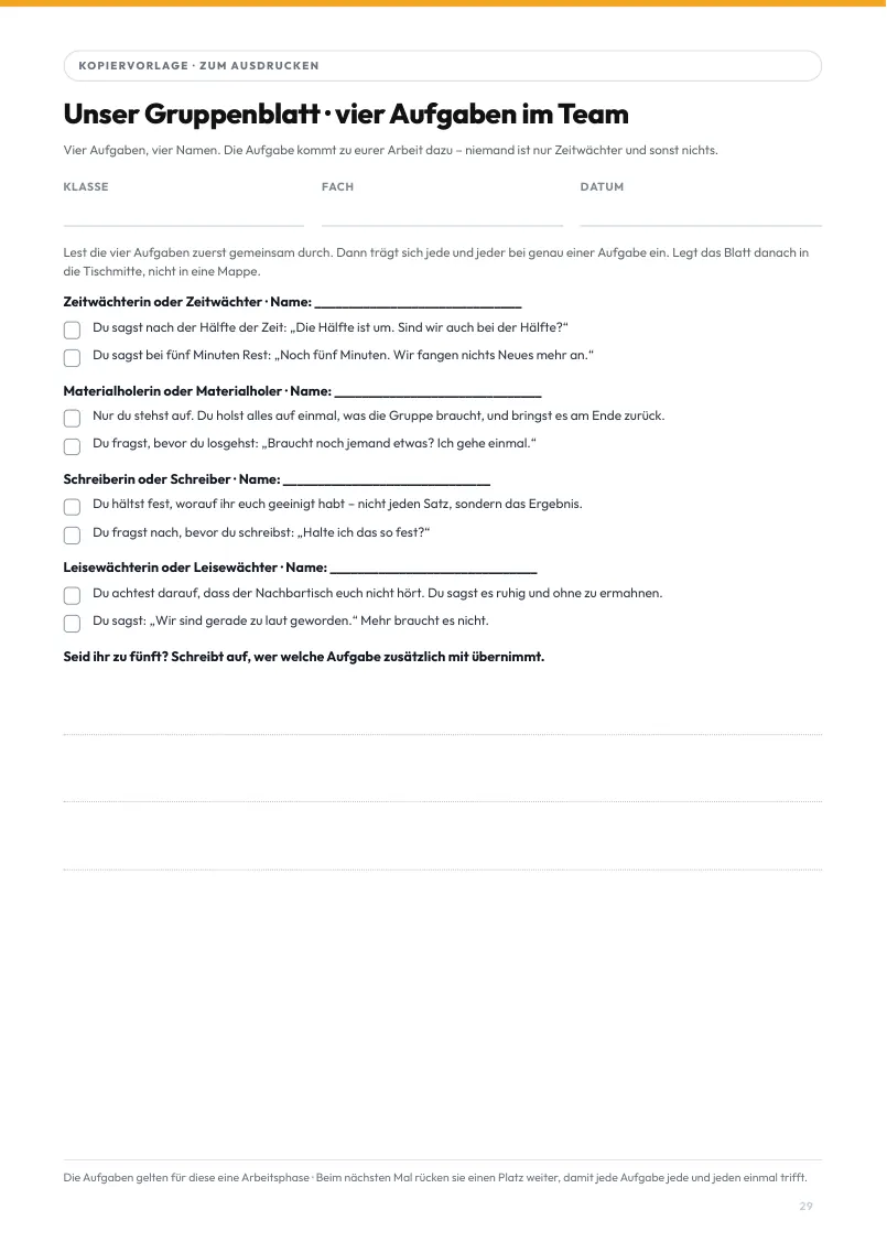 Seite 29 aus dem Heft: Das Gruppenblatt: vier Aufgaben, vier Namen