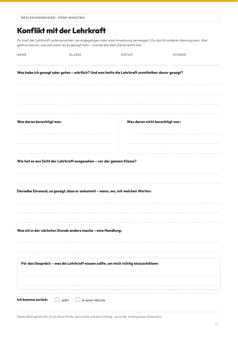 Seite 28 aus dem Heft: Konflikt mit der Lehrkraft – derselbe Einwand, so gesagt, dass er ankommt
