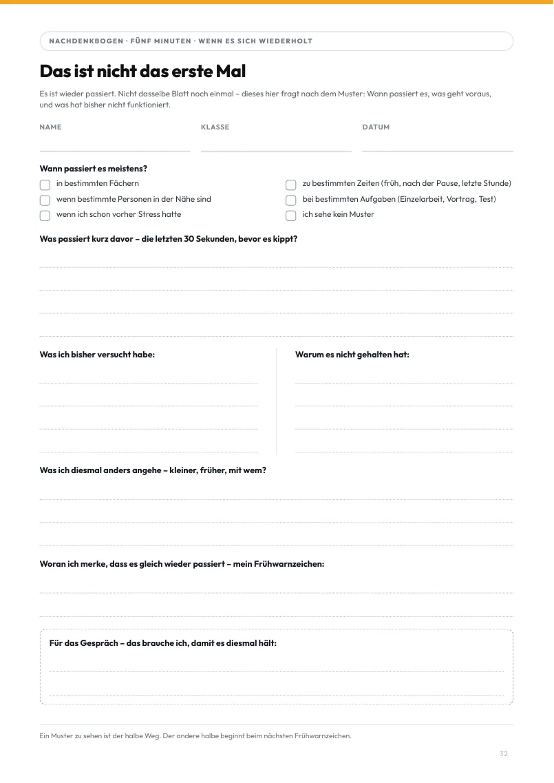 Seite 32 aus dem Heft: Das Muster-Blatt: wann passiert es, was geht voraus, mein Frühwarnzeichen