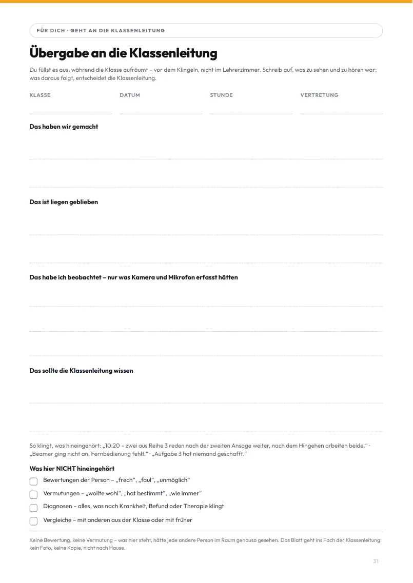 Seite 31 aus dem Heft: Die Übergabe an die Klassenleitung: vier Zeilen