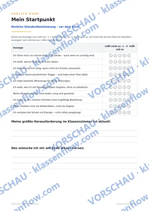 Seite aus dem Kursmaterial: Dein Startpunkt: 10 Aussagen von 1 bis 5 ankreuzen