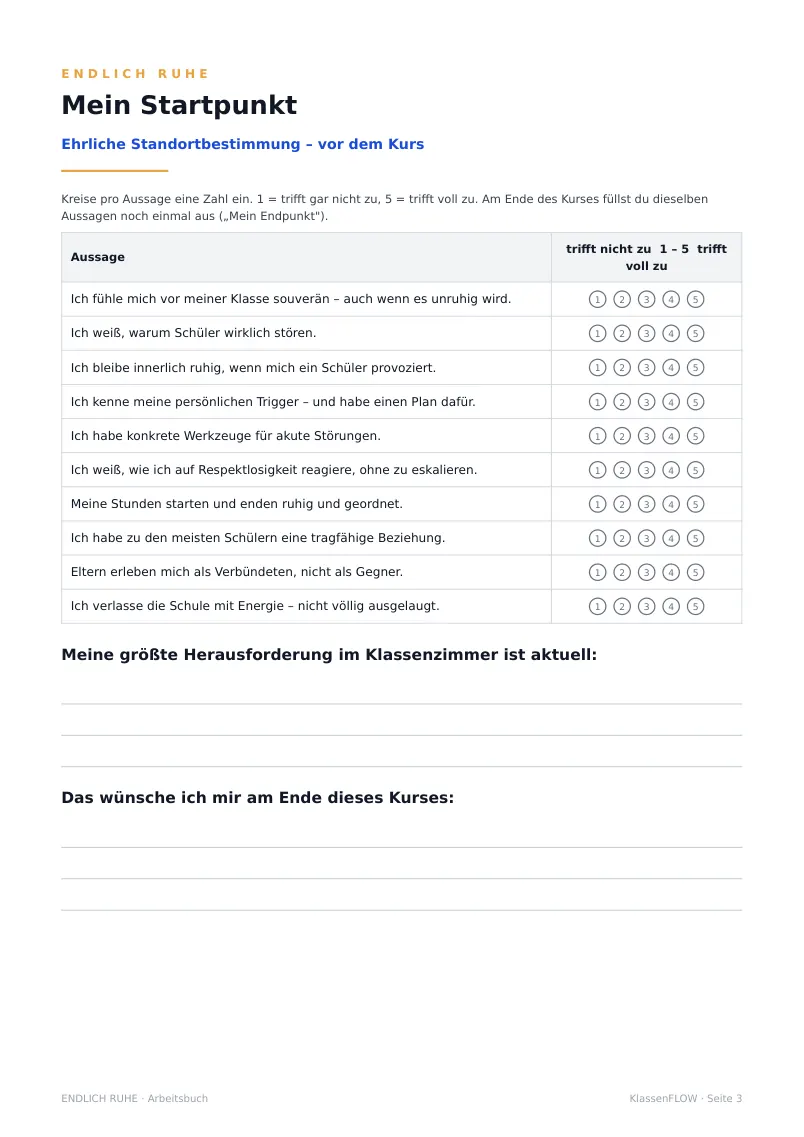 Seite aus dem Kursmaterial: Mein Startpunkt – ehrliche Standortbestimmung vor dem Kurs