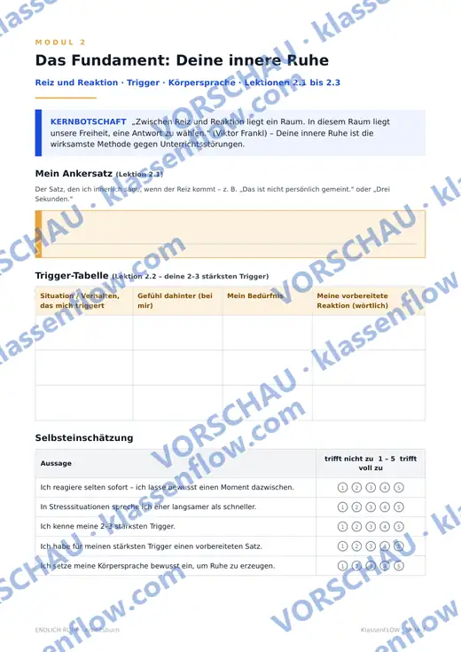 Seite aus dem Kursmaterial: Trigger-Tabelle: deine stärksten Auslöser und deine Antwort