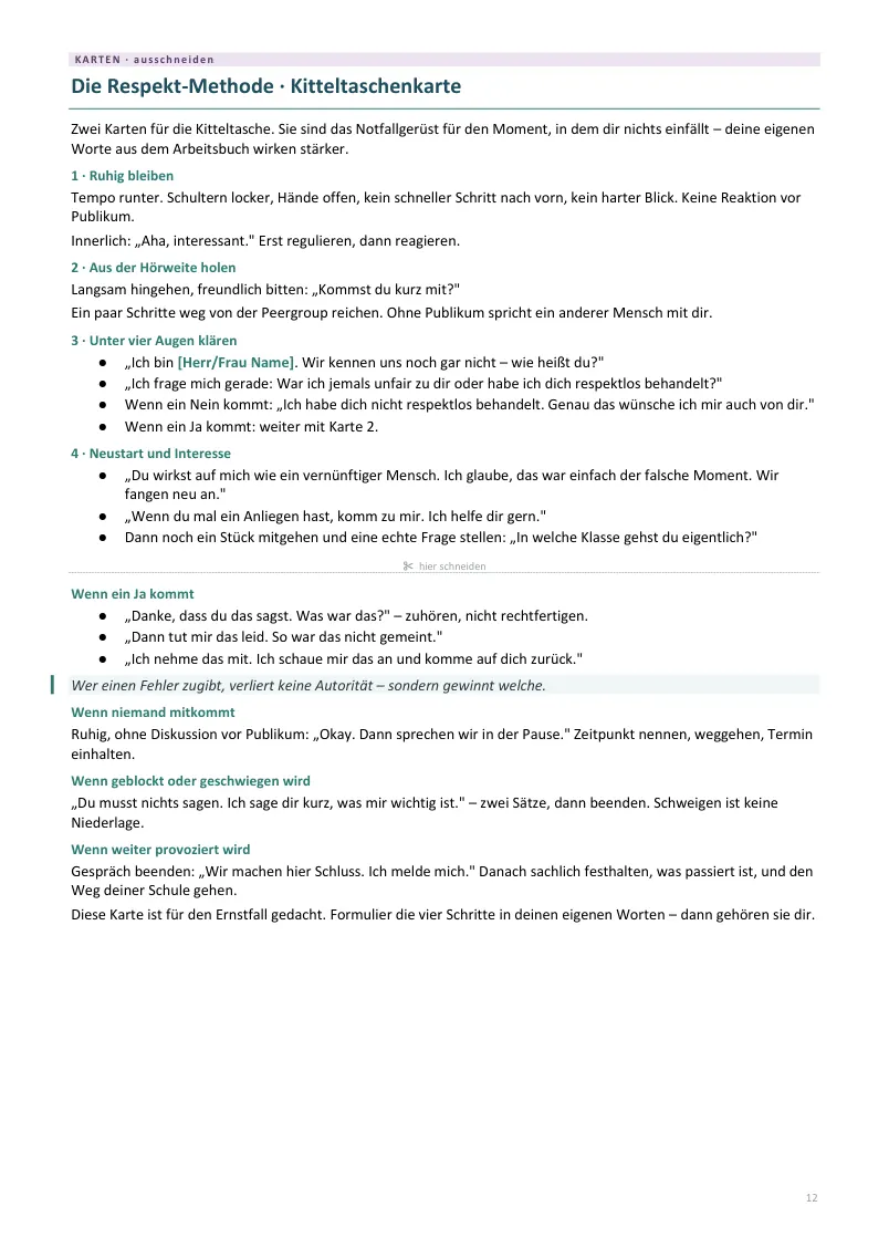 Seite aus dem Kursmaterial: Die Respekt-Methode als Karte fürs Pult